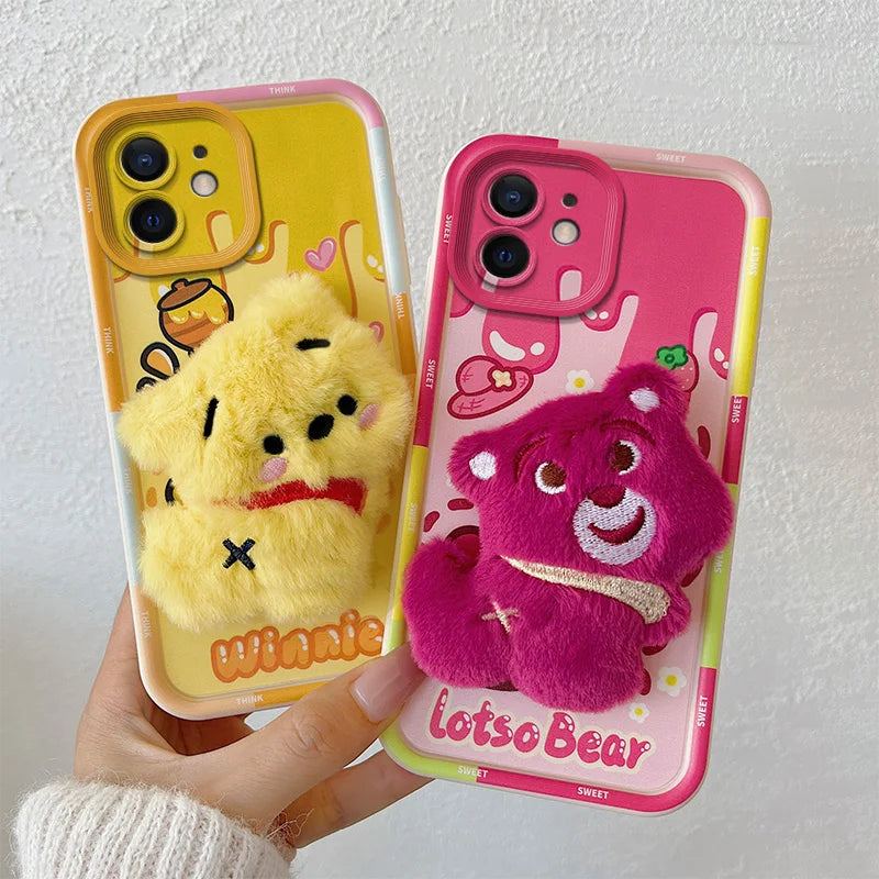 3D Cartoon Hello Kitty Capybara Fur Phone Case For iPhone 11 Bear Pocha Dog Hand Strap Soft Cover