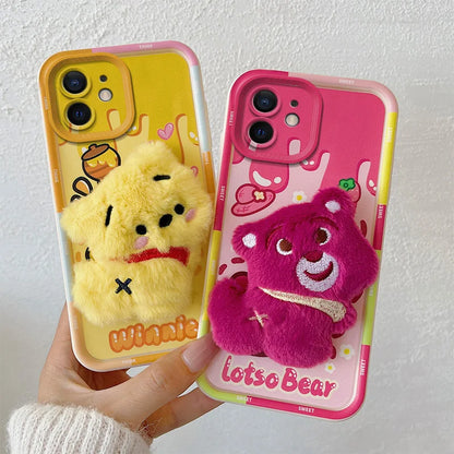 3D Cartoon Hello Kitty Capybara Fur Phone Case For iPhone 11 Bear Pocha Dog Hand Strap Soft Cover