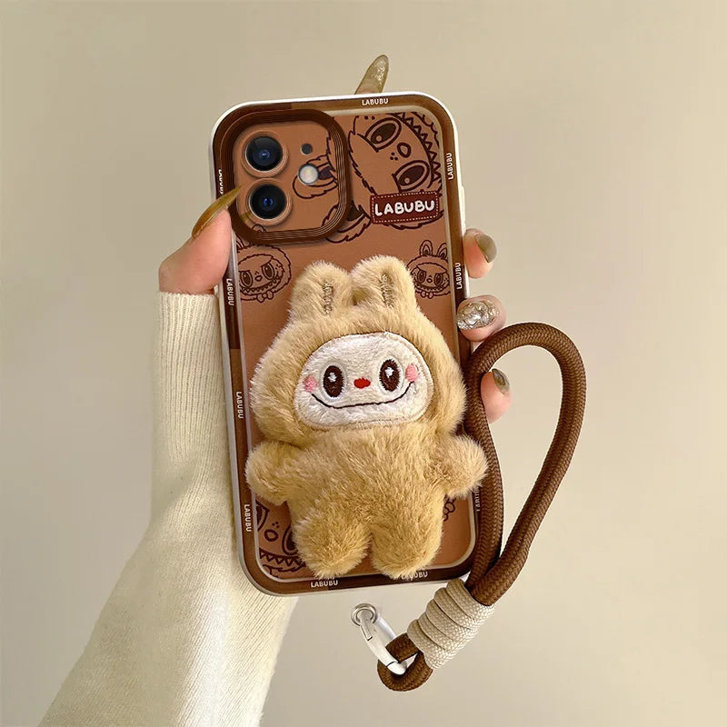 3D Cartoon Hello Kitty Capybara Fur Phone Case For iPhone 11 Bear Pocha Dog Hand Strap Soft Cover