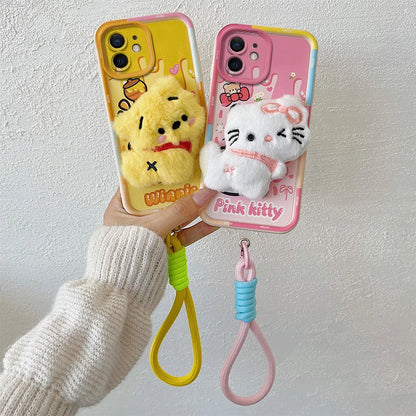 3D Cartoon Hello Kitty Capybara Fur Phone Case For iPhone 11 Bear Pocha Dog Hand Strap Soft Cover