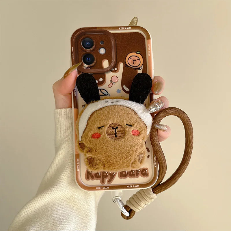 3D Cartoon Hello Kitty Capybara Fur Phone Case For iPhone 11 Bear Pocha Dog Hand Strap Soft Cover