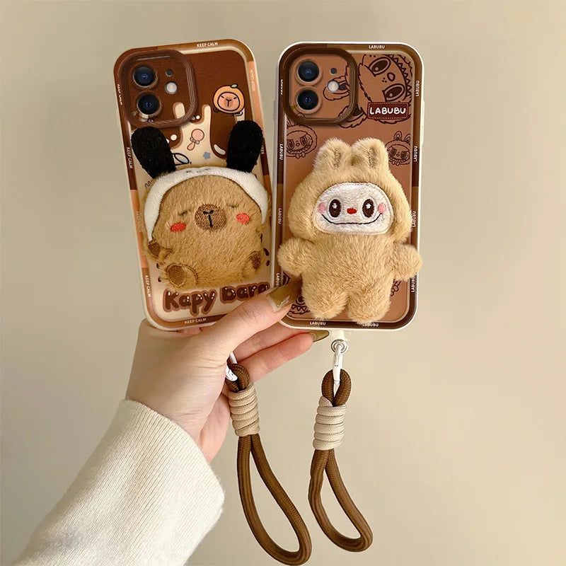 3D Cartoon Hello Kitty Capybara Fur Phone Case For iPhone 11 Bear Pocha Dog Hand Strap Soft Cover