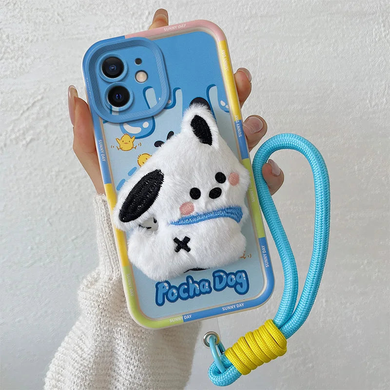3D Cartoon Hello Kitty Capybara Fur Phone Case For iPhone 11 Bear Pocha Dog Hand Strap Soft Cover