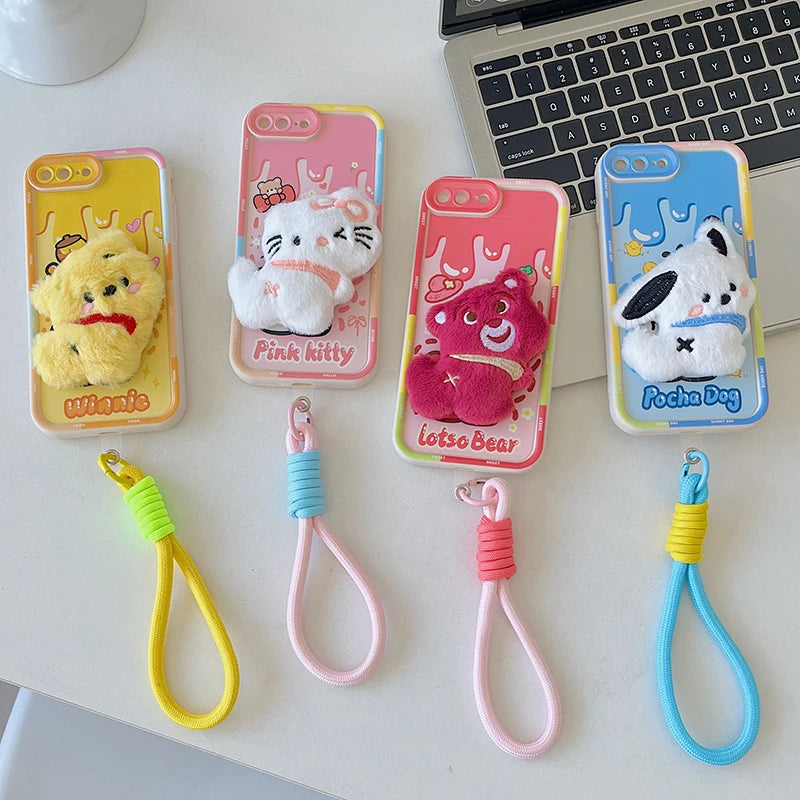 3D Cartoon Hello Kitty Capybara Fur Phone Case For iPhone 11 Bear Pocha Dog Hand Strap Soft Cover