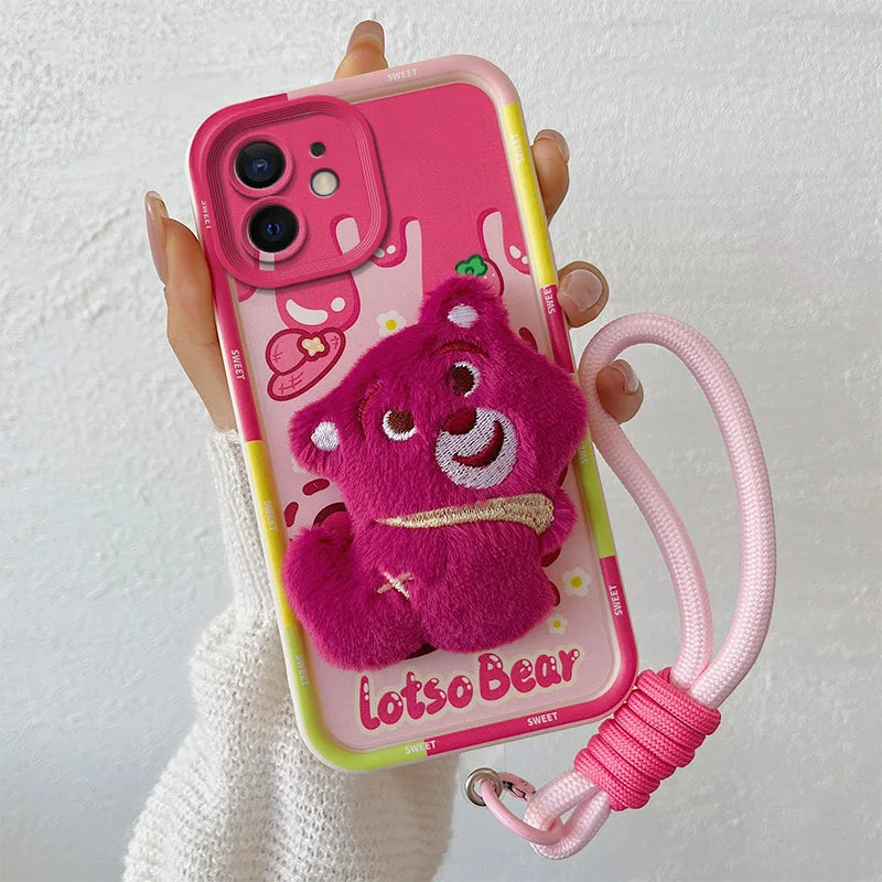 3D Cartoon Hello Kitty Capybara Fur Phone Case For iPhone 11 Bear Pocha Dog Hand Strap Soft Cover