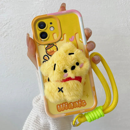 3D Cartoon Hello Kitty Capybara Fur Phone Case For iPhone 11 Bear Pocha Dog Hand Strap Soft Cover