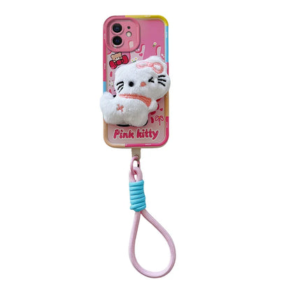 3D Cartoon Hello Kitty Capybara Fur Phone Case For iPhone 11 Bear Pocha Dog Hand Strap Soft Cover