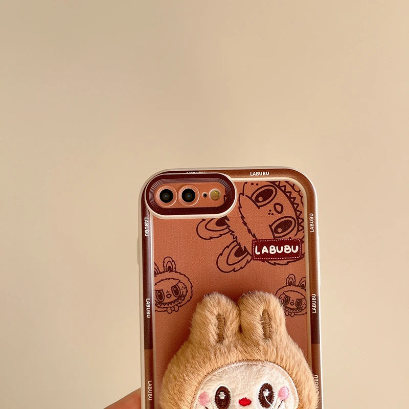 3D Cartoon Hello Kitty Capybara Fur Phone Case For iPhone 11 Bear Pocha Dog Hand Strap Soft Cover
