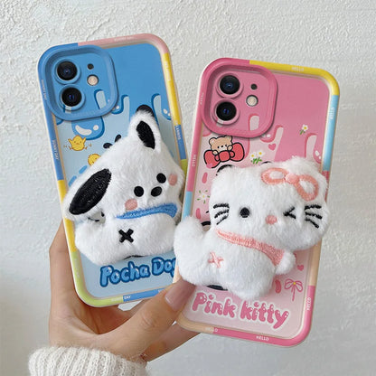3D Cartoon Hello Kitty Capybara Fur Phone Case For iPhone 11 Bear Pocha Dog Hand Strap Soft Cover