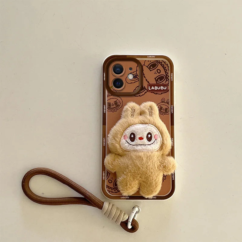 3D Cartoon Hello Kitty Capybara Fur Phone Case For iPhone 11 Bear Pocha Dog Hand Strap Soft Cover