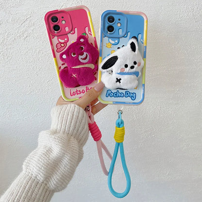 3D Cartoon Hello Kitty Capybara Fur Phone Case For iPhone 11 Bear Pocha Dog Hand Strap Soft Cover