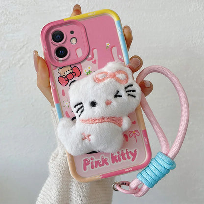 3D Cartoon Hello Kitty Capybara Fur Phone Case For iPhone 11 Bear Pocha Dog Hand Strap Soft Cover